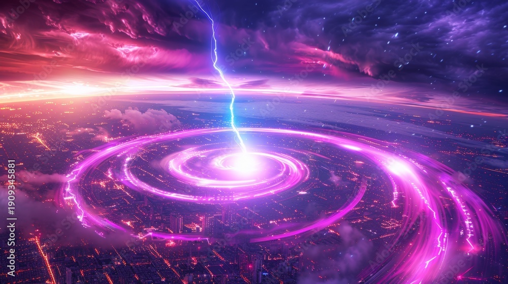 Fototapeta premium A purple and pink swirl of light and clouds with a bright blue lightning bolt in the center. The sky is filled with a mix of colors and the city below is lit up with neon lights