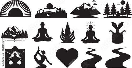 Black Silhouette Icons for Yoga and Meditation Concepts