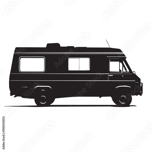 Motorhome icon. Camper. Black silhouette. Side view. Vector simple flat graphic illustration. Isolated object on a white background.