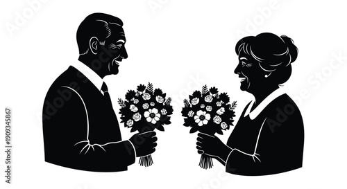 Elegant couple in silhouette sharing flowers a tender moment