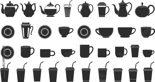 Black silhouette icons of teapots, cups, mugs, saucers, tumblers, takeaway drink cups with straws arranged in grid format