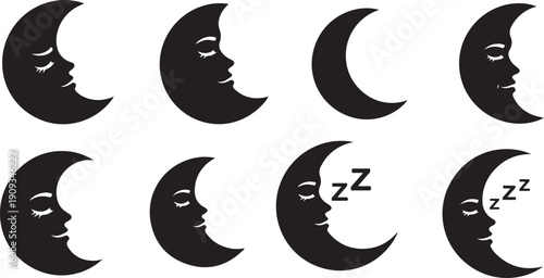 Sleeping Moon Faces in Black Silhouette on White Background