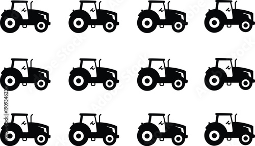 Black tractor icons seamless grid pattern, agricultural machinery silhouette design, farming equipment illustration, rural industry vector background