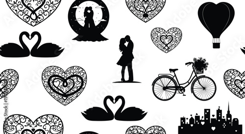 Romantic black and white pattern with couples hearts and whimsical elements