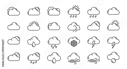 Cloud Weather Icons Set: Sun, Rain, Snow, Storm, Wind, Fog, Hail