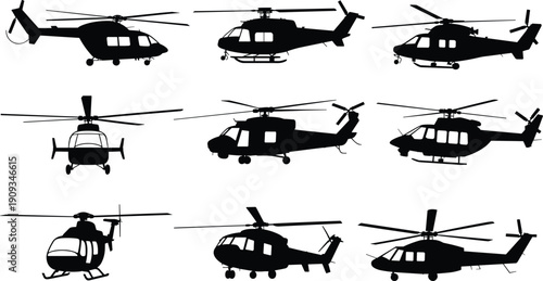 Collection of diverse helicopter silhouettes, aviation rotorcraft designs, aircraft profiles, military and civilian helicopters, isolated black illustrations