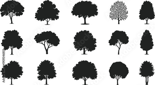 Collection of diverse tree silhouettes, botanical shapes, natural foliage outlines, landscape design references, artistic black tree forms