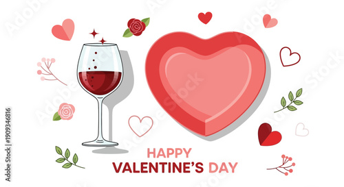 Valentine s day illustration with hearts wine and roses on white background