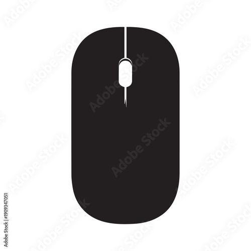 Computer mouse silhouette vector featuring a sleek, ergonomic design with clean lines, bold shape, scalable for technology branding, digital projects, logos, icons, and educational materials.