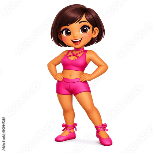 Smiling Girl Wearing pink dance outfit and including crop top and shorts and ballet shoes