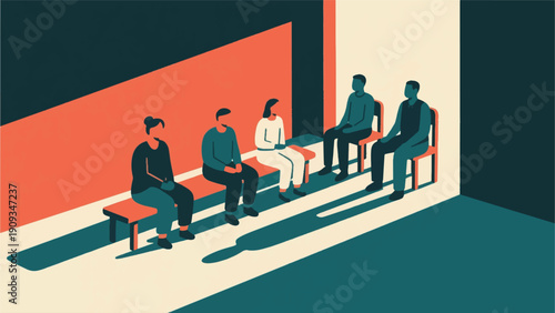 Illustration Of People Sitting Waiting In Line Vector Design Template