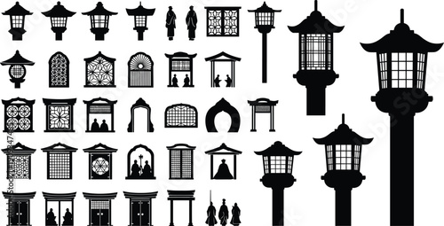 asian, japan, japanese, china, chinese, lantern, pagoda, temple, shrine, gate, torii, architecture, building, culture, traditional, silhouette, black, icon, vector, design