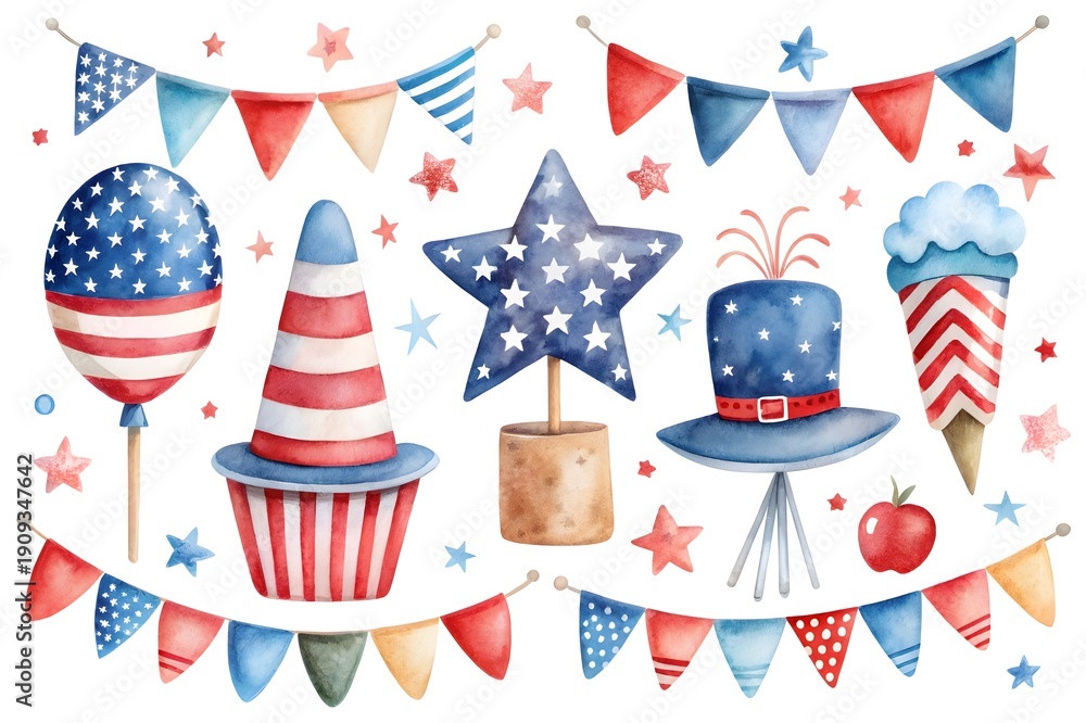 Obraz premium 4th of July Celebration Elements with Patriotic Hats and Decorations on White Background