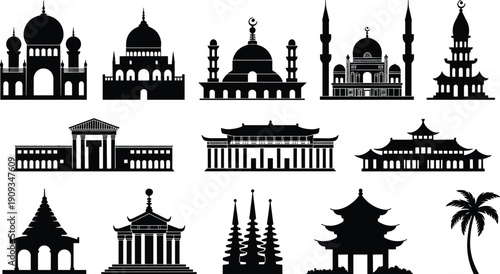 Global architectural silhouettes collection, diverse cultural landmarks, temples, mosques, pagodas, classical buildings, heritage structures, worldwide design diversity