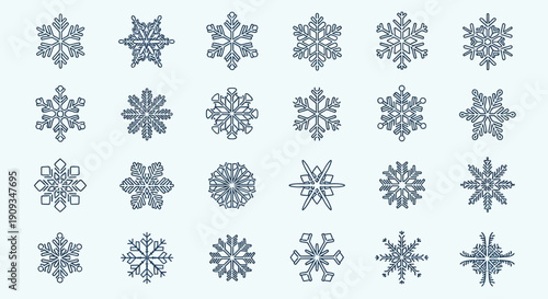 Collection of 25 Unique Snowflake Icons, Winter Christmas Design Elements, Vector Graphics