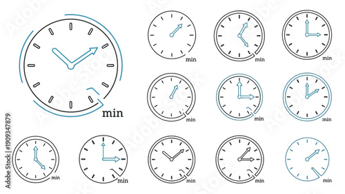 Collection of analog clock faces.