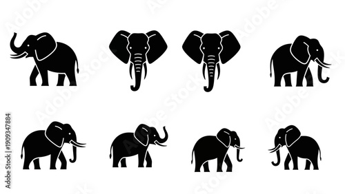 Collection of black elephant silhouettes.