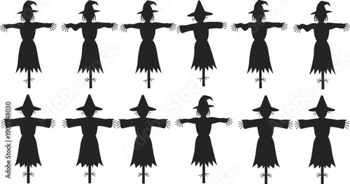 Scarecrow silhouettes with witch hats in grid puzzle, Halloween spooky illustration, unique odd scarecrow pattern recognition design
