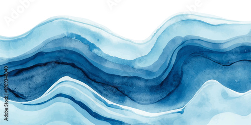 Mesmerizing Abstract Watercolor Painting: Swirling Blue Waves Against Stark White Background., fragmented digital noise with RGB color shifts, edgy and futuristic.