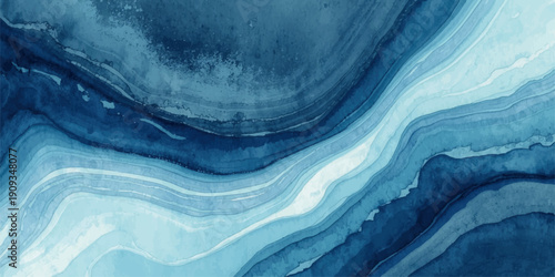 Mesmerizing Abstract Watercolor Painting: Swirling Blue Waves Against Stark White Background., fragmented digital noise with RGB color shifts, edgy and futuristic.