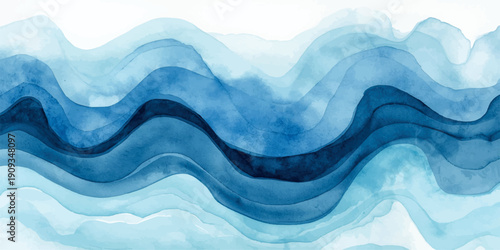 Mesmerizing Abstract Watercolor Painting: Swirling Blue Waves Against Stark White Background., fragmented digital noise with RGB color shifts, edgy and futuristic.