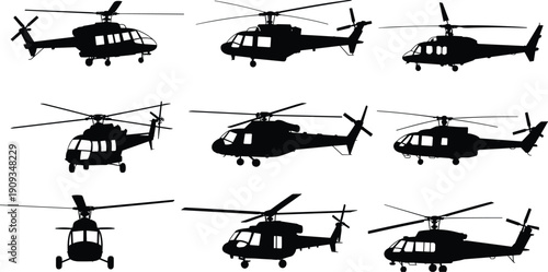 Silhouette helicopter icons collection, military aircraft profiles, aviation transport symbols, rotorcraft designs, black helicopter shapes illustration