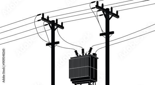Silhouette illustration of electrical power distribution system with utility poles, transformer, insulators, bushings, and overhead transmission lines