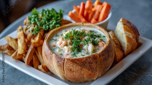 Wallpaper Mural A hearty bowl of creamy clam chowder sits nestled in a crusty bread bowl, surrounded by golden fries, fresh carrot sticks, and bright green parsley, all invitingly arranged on a rustic table Torontodigital.ca