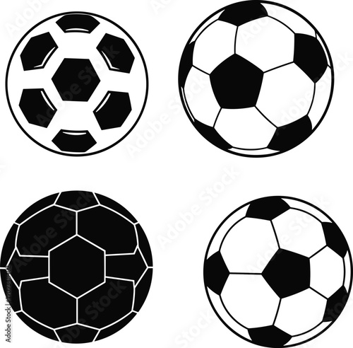 Soccer Ball Vector Icon Set Featuring Classic Football Designs for Sports Equipment Branding Athletic Tournament Graphics School Physical Education and Competition