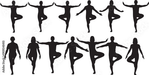 Yoga poses silhouettes of people in various balanced stances