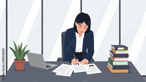 Professional businesswoman working diligently at her desk in a modern corporate office, a detailed vector illustration capturing productivity and a focused work environment