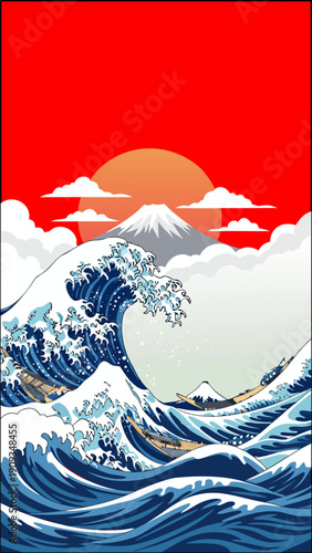 Dynamic Japanese landscape vector illustration featuring a powerful ocean wave, a majestic mountain, and a vibrant red sun, capturing traditional art