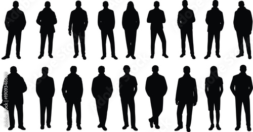 Silhouettes of diverse individuals standing in two rows, various clothing styles, casual and formal attire, business and leisure poses