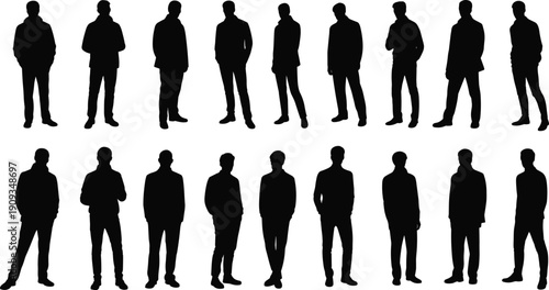 Silhouettes of diverse people standing upright, human posture variations, body language poses, shadow figures in two horizontal rows