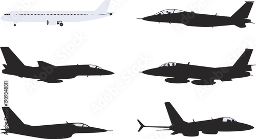 Silhouettes of military fighter jets and commercial airliner, aviation aircraft comparison, defense technology, transportation industry illustration