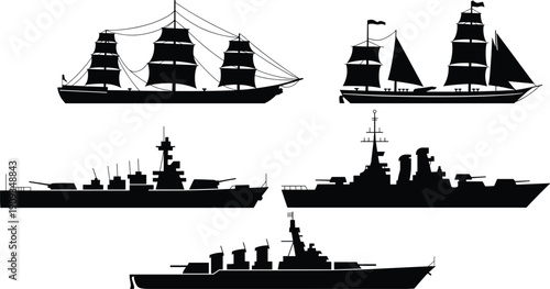 Silhouettes of historic sailing ships and modern naval warships, maritime evolution, naval architecture, military technology, ocean vessels