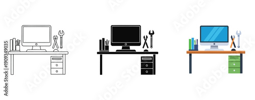 Computer Workstation setups Icon Vector Set in Three Styles — Line Art, Silhouette and Color Version with tools and accessories displayed