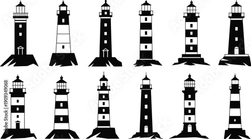 Stylized black and white lighthouse illustrations, coastal beacon designs, nautical architecture, maritime navigation, rocky shore structures