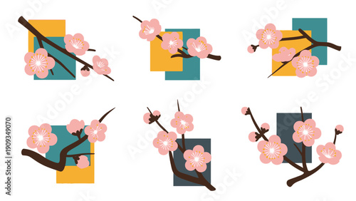 Japanese Plum Blossom Branches with Abstract Geometric Shapes