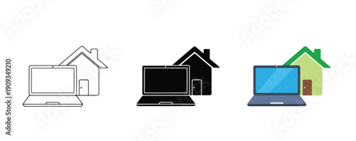 Laptop icons Vector Set in Three Styles — Line Art, Silhouette and Color Version with house and mobile device graphics for real estate technology illustration
