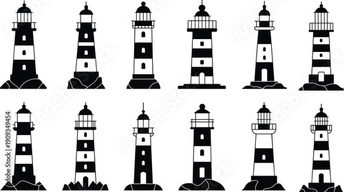 Stylized lighthouse illustrations collection, black and white nautical designs, striped and solid silhouettes, coastal architecture, rocky bases artwork
