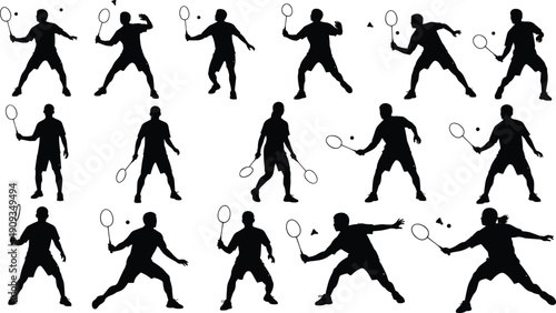 badminton, shuttlecock, racket, player, sport, athlete, game, smash, serve, volley, court, match, training, practice, movement, action, silhouette, fitness, competition, exercise
