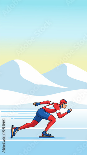Action-packed vector illustration depicting a fast speed skater on a frozen rink, showcasing winter sports concept and athletic pursuit