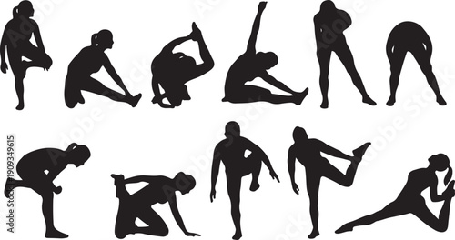 Silhouettes of people in various yoga poses and stretches