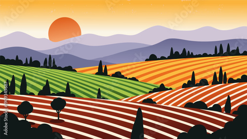 Vibrant vector illustration of a picturesque rural landscape at sunset, showcasing colorful fields and rolling hills; serene countryside scene