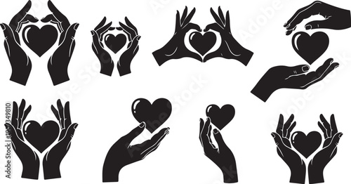 Hands holding hearts in various loving gestures and shapes