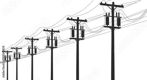 Vector illustration of utility poles with electrical transformers, insulators, and overhead power lines in distribution network infrastructure system