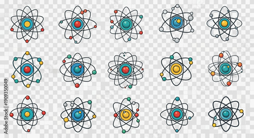 Collection of Atom Icons, Atomic Structure, Science, Education, Technology, Chemistry Symbols