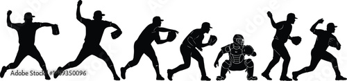 Baseball Silhouette Player Players Pitcher Catcher Batter Throwing Action Sport Sports Team Athlete Game Competition Training Black White Vector Illustration Design