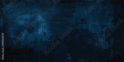Abstract dark blue grunge background with a vintage aged wall texture and dirty stained paper pattern design